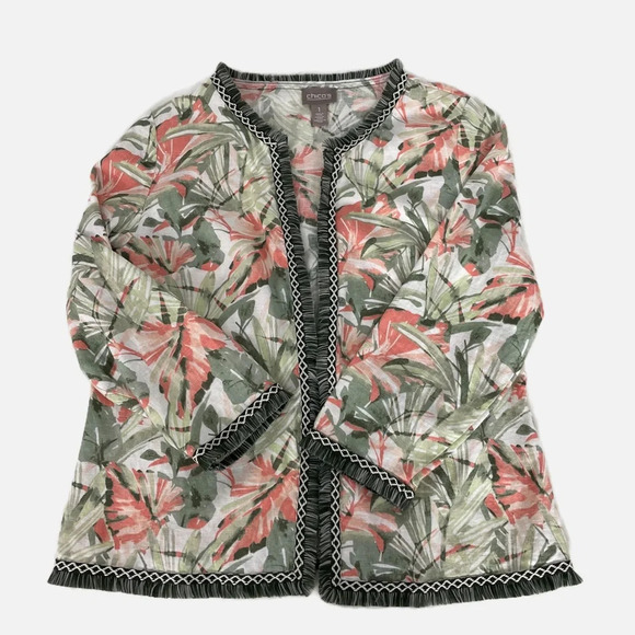 Chico’s Blazer Botanical Print Fringe Linen Blend Open Jacket Size 1 Medium 8/10 - Picture 10 of 13